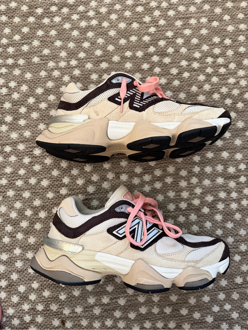 New Balance Women's Cream and Brown Athletic Sneakers with Pink Laces